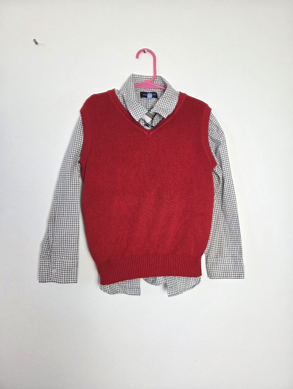 Andy & Evan Boys Size 7 Sweater Vest Shirt Tie Set Red Checked Preppy Formal